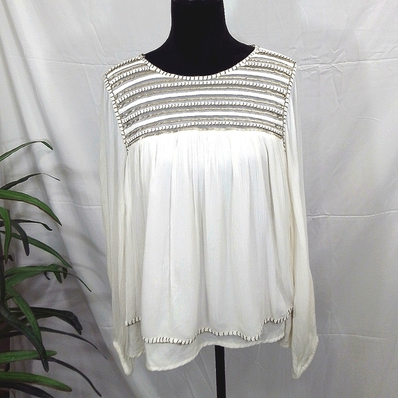 Forever 21 Off White/Gold Long Sleeve Crinkle BoHo Style Top - Picture 3 of 12